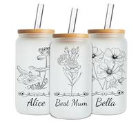 Mason Life Personalised Mothers Day Glass Cup with Name-Can Shaped Glass with Lids and Straws-18OZ Iced Coffee Cups-Personalised Gift for Mum Women Mothers Day (Birthflower)