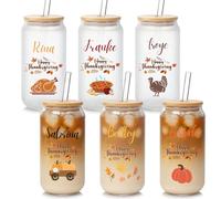 Mason Life Personalised Thanksgiving Cup, 18oz Clear Glass Cups with Lids and Straws,Cute Cups for Women,Fall Autumn Design, Drinking Cup with Bamboo Lids, Christmas Gifts for Men, Women and Friends