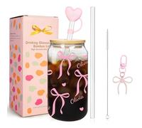 Mason Life Personalized Glass with Name Lid and Straws 18oz Bow Decor Iced Coffee Cups with Lids and Straws, Gifts for Mothers Day, Mum, Girlfriends, Teachers, Women