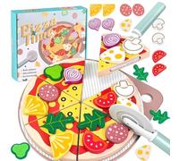 Masonbaby Wooden Pizza Toys for Kids Cutting Play Food,25Pcs Pretend Play Pizza for Kids Ages 3+,toddler Pizza Playset Pretend Play Kitchen Accessories,Play Pizza Set Wood Cooking Toys Birthday Gift