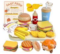 Masonbaby Wooden Play Food Set for Children, Pretend Fast Food Playset, Wooden Hamburger French Fries Toy, Play Kitchen Accessories for Toddlers with Car Toy, Educational Toys Gift for Boys Girls