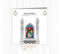 Masonic Christmas Card Masons Xmas Door Two Pillars Stained Glass Nativity Scene Compass - Brothers, Friends, Family, Lodge, Husband, Brother, Uncle, Dad, Neighbours