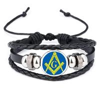 Masonic Freemason With G Black Leather Bracelet and Velvet Gift Bag