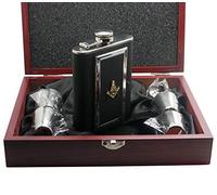 Masonic Hip Flask Gift Set in Wooden Case 6 piece set stunning cherry wood box Freemasons