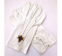 Masonic White Gloves with Embroidered Blue/Gold Square & Compass - 100% Heavy Cotton (Medium)