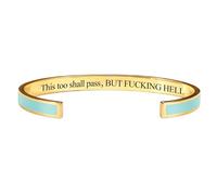 MASORCHID This Too Shall Pass Mantra Cuff Bracelet with Hidden F word Funny Engraved Inspirational Jewelry Gifts for Women Adjustable Bangle (Green Gold)