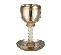 MASORET Crystal Kiddush Cup 6.4 inch Golden Bore Pri Hagefen including a Tray