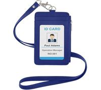 Masper Badge Holder with Lanyard, 2-Sided PU Leather ID Card Holder with Zipper & Durable Neck Lanyard, 1 ID Window, 3 Card Slots, for School, Office, Bus Pass-Blue