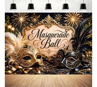 Masquerade Ball Backdrop Gold Black Luxury Baroque Venetian Mask Fireworks Photography Background Masquerade Theme Party Banner for Halloween Mardi Gras Wedding Prom Birthday Decor (A, 7 * 5feet)