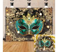 Masquerade Ball Backdrop Mardi Gras Carnival Glitter Gold Green Background Banner Masquerade Theme Birthday Party Decorations Supplies (7x5FT（210x150cm）)
