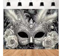 Masquerade Happy Birthday Backdrop Black Sliver Masquerade Party Photography Background Silver Mask White Rose Backdrop for Fiesta Mardi Gras Event Dance Photo Background(Black, 9x6feet)