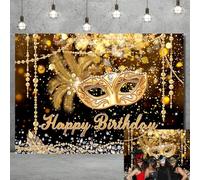 Masquerade Happy Birthday Backdrop Crystal Feather Mask Mardi Gras Photography Banner Glitter Black Gold Mask Carnival Dress-up Evening Birthday Party Decorations Background (7X5FT (210x150cm))