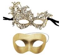 Masquerade Masks for Couples - 2 Pack Venetian Classic Ball Masks for Halloween, Cosplay, Carnival - Men and Women (Gold)
