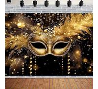 Masquerade Party Backdrop Masquerade Golden Mask Gold Glitter Feathers Black Photography Background Mardi Gras Masquerade Carnival Party Banner Happy Birthday Party Supplies (A, 7x5feet)