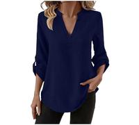 Masrin 3/4 Sleeve Tops for Women UK Solid Color Cotton Linen Shirts V-Neck Folded Three Quarters Sleeve Tops Spring Summer Leisure Blouse T-Shirts Dark Blue