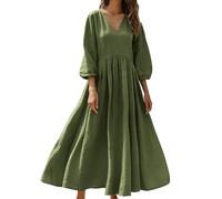 Masrin Oversize Cotton Linen Maxi Dresses Womens UK Solid Color V-Neck 3/4 Sleeve A-line Dress with Pockets Vintage Loose Flowy Swing Dress for Full-Figured Women Army Green