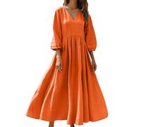 Masrin Oversize Cotton Linen Maxi Dresses Womens UK Solid Color V-Neck 3/4 Sleeve A-line Dress with Pockets Vintage Loose Flowy Swing Dress for Full-Figured Women Orange