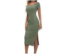 Masrin Sheath Dress Womens French Chunky Knit Bodycon Wrap Dresses Summer Solid Color Midi Pencil Dress Square Neck Short Sleeve Fitted Dresses with Side Split