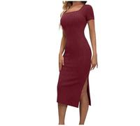 Masrin Sheath Dress Womens French Chunky Knit Bodycon Wrap Dresses Summer Solid Color Midi Pencil Dress Square Neck Short Sleeve Fitted Dresses with Side Split Wine