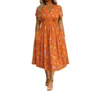 Masrin Summer Dress for Middle-Aged and Elderly Women Vintage Floral Printing Midi Dresses Criss Cross V-Neck Short Sleeve A-line Dress Plus Size Flowy Swing Dresses S-5XL Orange