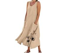Masrin Summer Dresses Women's Sleeveless Crew Neck Tank Sundress with Pockets Boho Holiday Casual Dandelion Printing Beach Dress Loose Fit Midi Straight Dress Fashion Flowy Sun Dress S-5XL