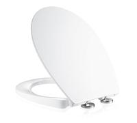 Mass Dynamic soft-close toilet seat features a quick-release mechanism for easy cleaning, adjustable top fixing hinges, and durable urea formaldehyde material. Standard oval design, sleek white finish