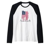 Massachusetts Ragged Ripped Torn Tattered USA American Flag Raglan Baseball Tee