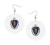 Massachusetts State Flag Printed Round Earrings For Women, 1 Pair Lightweight Leather Pierced Earrings Set Trendy Jewelry Gifts For Women Girls