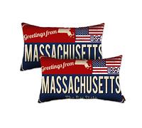 Massachusetts Throw Pillow Cover 12x20 Set of 2, Massachusetts Decor Gift Souvenir, American Flag License Plate Lumbar Pillowcase, Greetings from The Bay State(MA, USA) - Cushion Case Sham, No Inserts