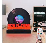Masshomi Now Playing Vinyl Stand 7 Color Change Switch Remote Control Dimming Timer USB Charge Retro Wooden Base Acrylic Panel Record Album Collection Display LED Night Light Desk Lamp Decoration