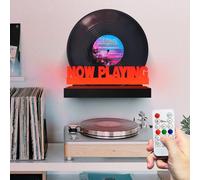 Masshomi Retro Vinyl Stand Wall Mount Light Up Wooden Base LED Night Light 7 Color Change Switch Remote Control USB Charge dimming Timer Record Display Collection Now Playing Acrylic Descoration