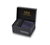Massi Morino Dark Blue Polka Dot Tie and Pocket Square Set for Men in ufflinks, Tie Clip and Gift Box | Men’s Tie Set for Weddings