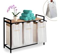 Massido Laundry Basket 3 Compartments 120 L with Laundry Bags and Shelf Laundry Sorter Laundry Rack Beige 93 x 72 x 32 cm
