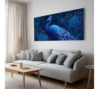 Massive Framed Canvas Wall Art, Animal Jungle Dark Blue Peacock Pictures for Large Lounge Office Decor - Poster Prints Wall Art Painting - 140x70 cm