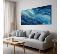 Massive Framed Canvas Wall Art Blue Gold Quicksand Marble Wall Pictures, Canvas Print Artwork for Large Office, Gallery Decor - 140x70 cm
