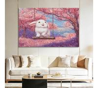 Massive Framed Canvas Wall Art, Dreamy Cherry Blossom Swing White Rabbit Artwork Wall Art Home Decor Poster - Pictures for Large Office Gallery - 140x70 cm