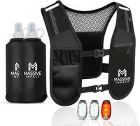 Massive Impact Running Vest with Water Bottles (2×500ml) & 3 LED Lights | Lightweight Reflective Hydration Vest with Phone Holder & 6 Pockets | Adjustable Running Backpack for Men & Women