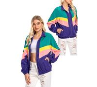 MASSWO 80s Windbreaker Jacket for Women, Retro Color Block Casual Coat Neon Long Sleeve Outerwear, Green, Medium
