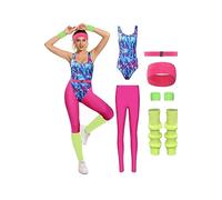 MASSWO Womens Aerobics Costume 80s Workout Outfit 90s Accessories Set Retro Jogging Suit Waist Bag Gym Yoga Running, Pink, XXL