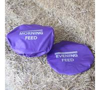 Masta Polyester Bucket Covers for Feed Room - Morning & Evening Labels, Elastic Edge Fit, Stretches to 50cm - Set of 2, Purple