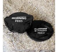 Masta Polyester Bucket Covers for Feed Room - Morning & Evening Labels, Elastic Edge Fit, Stretches to 50cm - Set of 2, Black