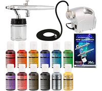 Master Airbrush Cake Decorating Airbrushing System Kit with a Siphon Feed Airbrush, Set of 12 Chefmaster Food Colors, Pro Cool Runner II Dual Fan Air Compressor - Hose, Holder, How to Guide, Cupcakes
