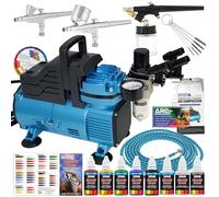 Master Airbrush Cool Runner Dual Fan Air Compressor, Professional Airbrushing System Kit with 3 Airbrushes, Gravity Feed and Siphon, Acrylic Paint Set of 6