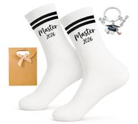 Master Graduation Gift Set 2026 - Master Gift Socks with Knitted Motif EU 36-44, Stainless Steel Keyring & Gift Bags - Graduation Gift for Men and Women, Gifts for Master's Degree