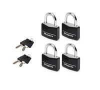 Master Lock 9140EURQBLKNOP Pack of 4 Key Padlocks in Aluminium with Vinyl Cover, Black, 4 x 5,9 x 1,3 cm