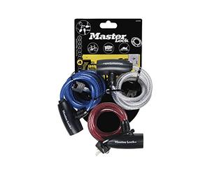 Master Lock Bike Lock Cable, Key, 1.8 m Coiling Cable, Outdoor, Set of 3, Blue, Red and Transparent 8127EURTRI - Use with All Kinds of Bike, Strollers, Lawnmowers and Other Outdoor Equipment