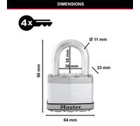 Master Lock Excell Laminated Steel 64Mm Padlock - 38Mm Shackle MLKM15LF