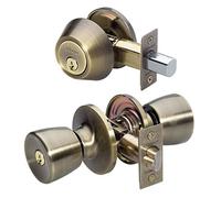 Master Lock Keyed Entry Door Lock, Single Cylinder Deadbolt with Matching Tulip Style Knob, Antique Brass, TUCO0605,Combo