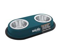 Master Pet Supply Double Dog Bowls Set with Elevated Base and 2 (8 oz) Stainless Steel Removable Dishes (Emerald Sea) - Double Cat Food Water Bowl, Dog Puppy Food Bowl Set, Rust Resistant