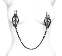 Master Series Black Japanese Clover Nipple Clamps with Chain, Clip On Metal Finish Clamp Set for Nipples, for Women, Men, Couples, Adjustable Strength, Textured Rubber Padded Tips, Set of 2